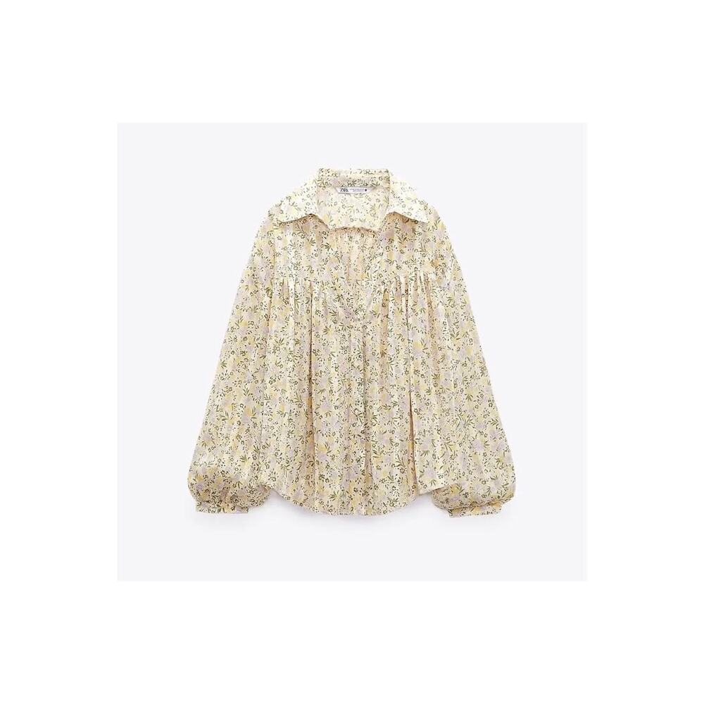 ZARA Preppy Summer Blouse Floral V-Neck Collared Balloon Sleeve Pleated Top - Picture 3 of 15